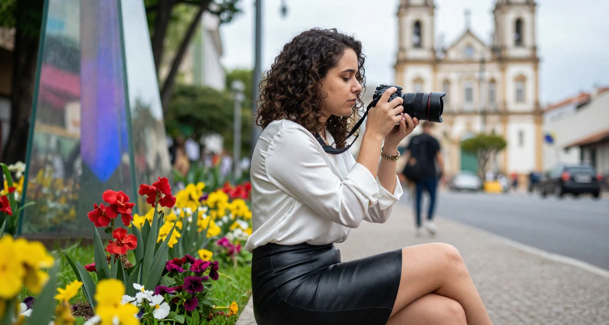 A tired Female From Brazil, studied software engineering in their 22, facing judgment from people who don’t understand creator life, wearing a white silk shirt tucked into a leather pencil skirt, holding a camera ready to shoot in a neon-lit street.