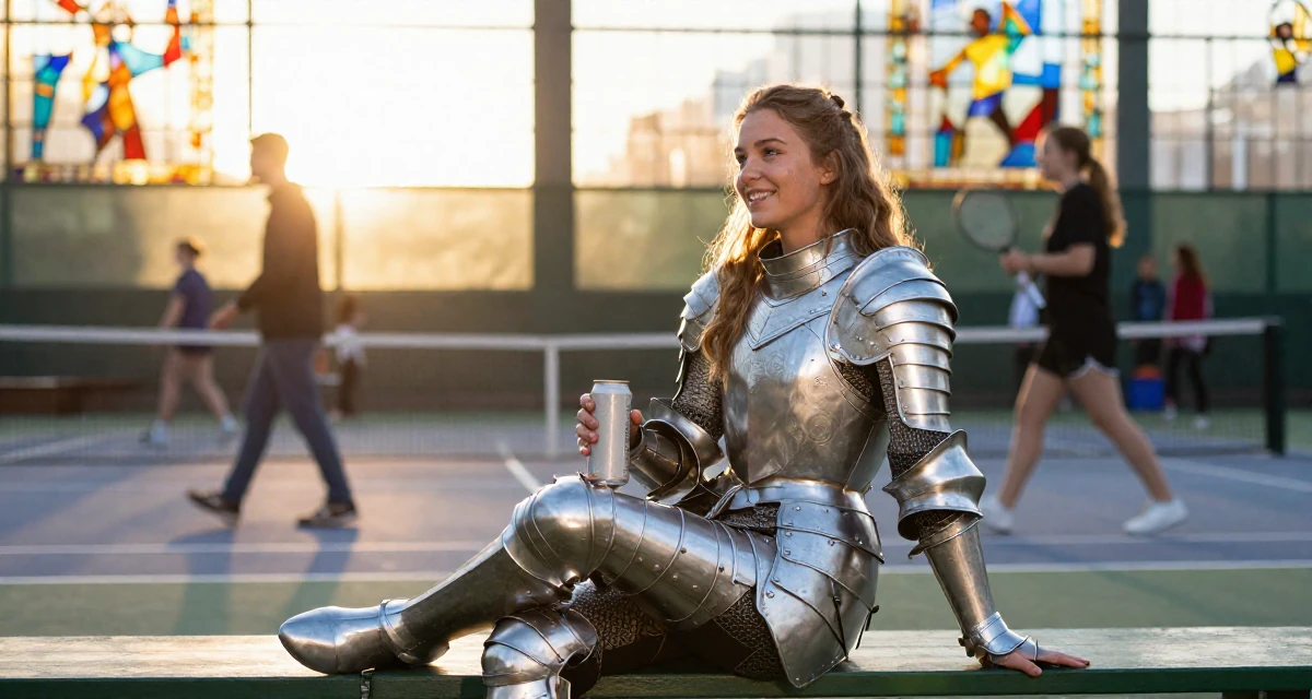 A radiant Female From Denmark, based in Aarhus, graduated from a media institute majoring in branding in their 25, transitioning from teenage habits to adult routines, wearing a fantasy warrior princess armor made of silver metal, holding a beverage can in a tennis court.