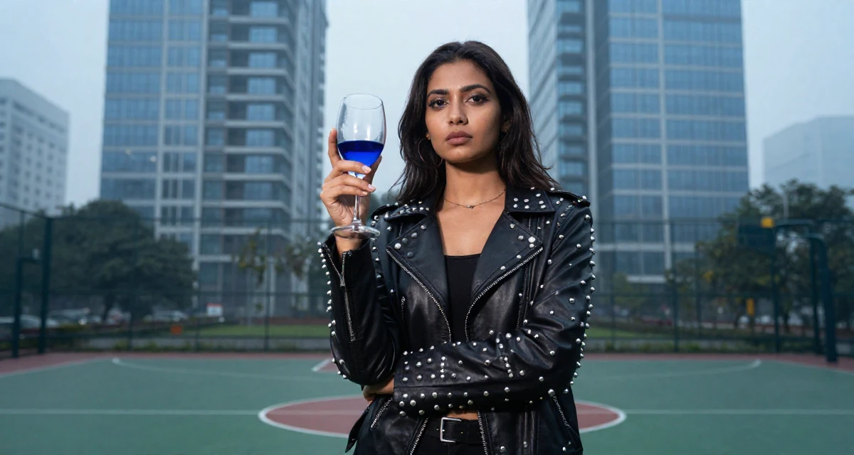 A disinterested Female From Bangladesh, studied textile engineering in their 22, planning themed sensual shoots for better consistency, wearing a heavy metal rocker outfit with studs and leather, holding a wine glass by the stem in a basketball court.