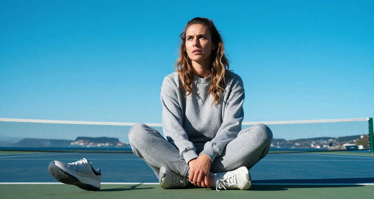 A intense Female From Norway, based in Stavanger, graduated from a cultural college majoring in mood-centered photography in their 25, figuring out social roles and self-image, wearing a comfortable lounge wear set, crossing legs in a tennis court.