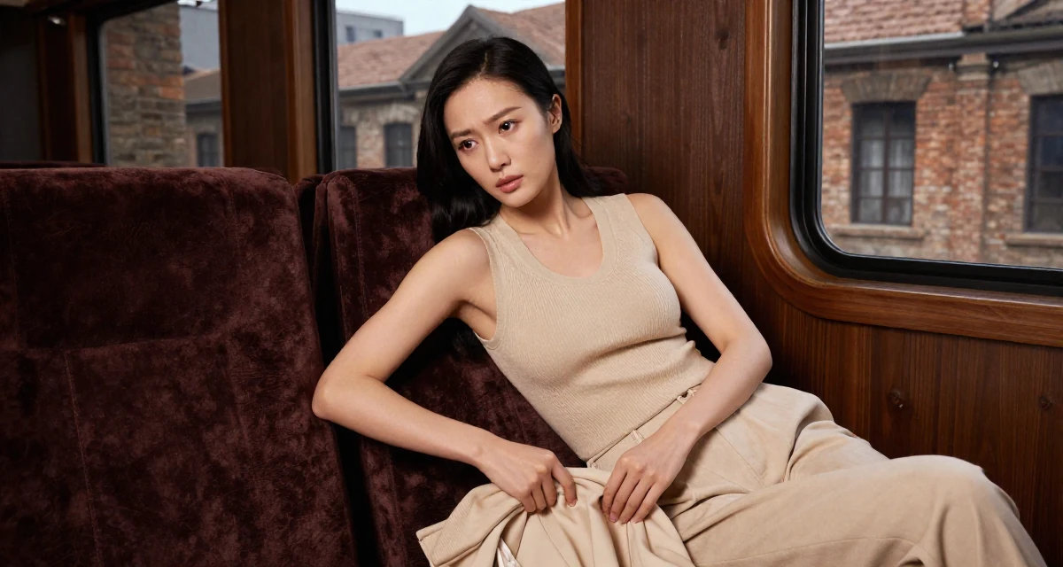 A suspicious Female From China, based in Chengdu, graduated from a vocational college majoring in digital communication in their 39, sharing stories of resilience and growth, wearing a monochromatic beige outfit with a knit top and trousers, smoothing down a dress in a train carriage.