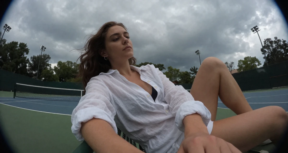 A wistful Female From New York USA, studied film and television in their 25, exploring creativity online, wearing a translucent white blouse and a dark bra underneath, leaning on a railing in a tennis court.