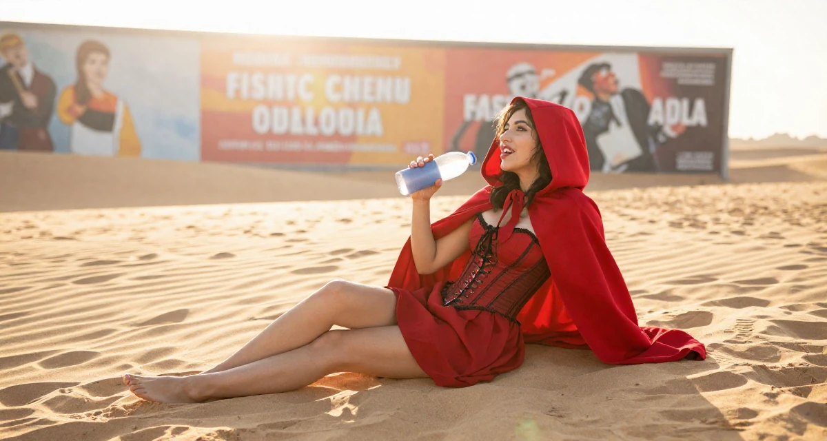 A playful Female From Ireland, majored in creative media production in their 22, managing new financial responsibilities, wearing a red riding hood inspired cape and corset dress, holding a water bottle in a desert sand dunes.