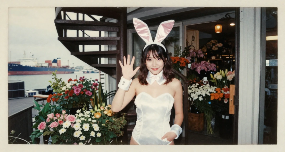 A sweet Female Previously a bartender, now expressing nightlife energy through content in their 20, feeling overwhelmed by academic pressure and expectations, wearing a playful bunny girl costume with satin ears and cuffs, sliding a hand into a pocket in a flower shop entrance.