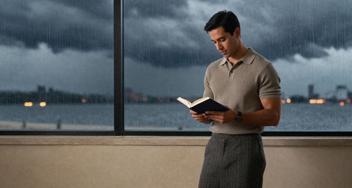 A confident and poised male From United States, majored in cybersecurity in their 36, documenting the process of writing a book, wearing a knitted polo shirt tucked into a midi skirt, wiping hands in a classroom setting.