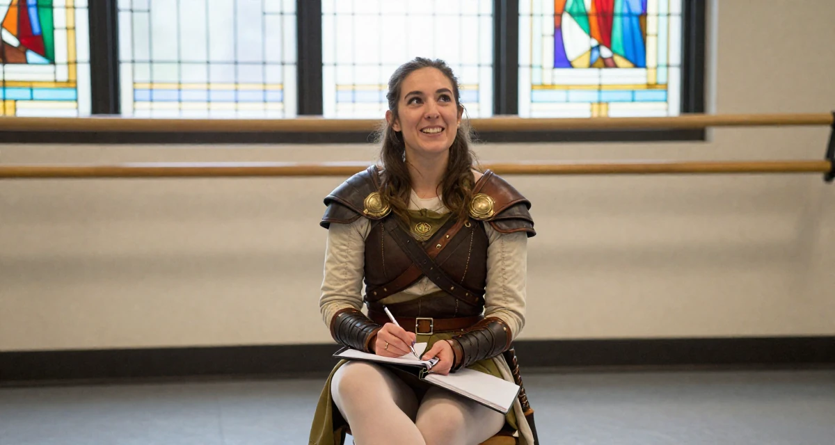 A lighthearted Female From Houston USA, majored in psychology in their 23, experimenting with playful facial expressions, wearing a fantasy elven archer outfit with leather armor details, holding a notebook in a ballet studio.