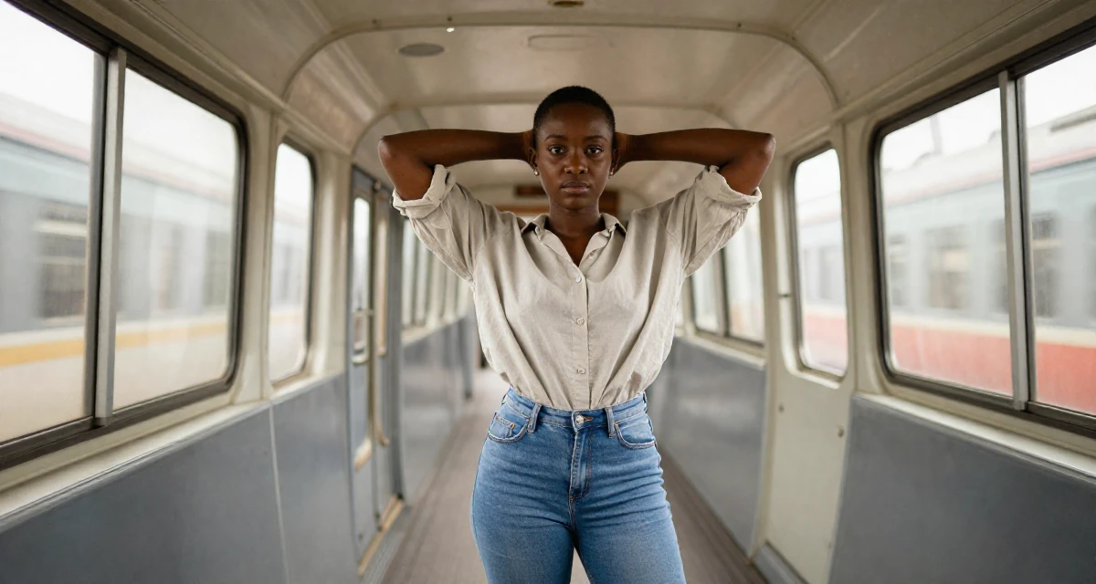 A fearless Female From Kenya, based in Nairobi, graduated from a creative institute majoring in aesthetic communication in their 38, expert in vintage fashion and thrifting, wearing a loose fitting blouse tucked into tight jeans, taking a photo in a spaceship corridor.