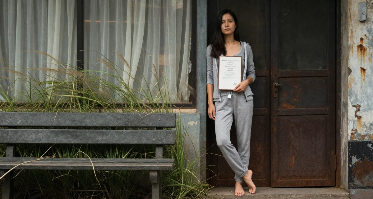 A thoughtfully silent Female From Hanoi Vietnam, holds a degree in economics in their 24, balancing sensuality with authenticity, wearing a comfortable lounge wear set, leaning against a door in a park bench.