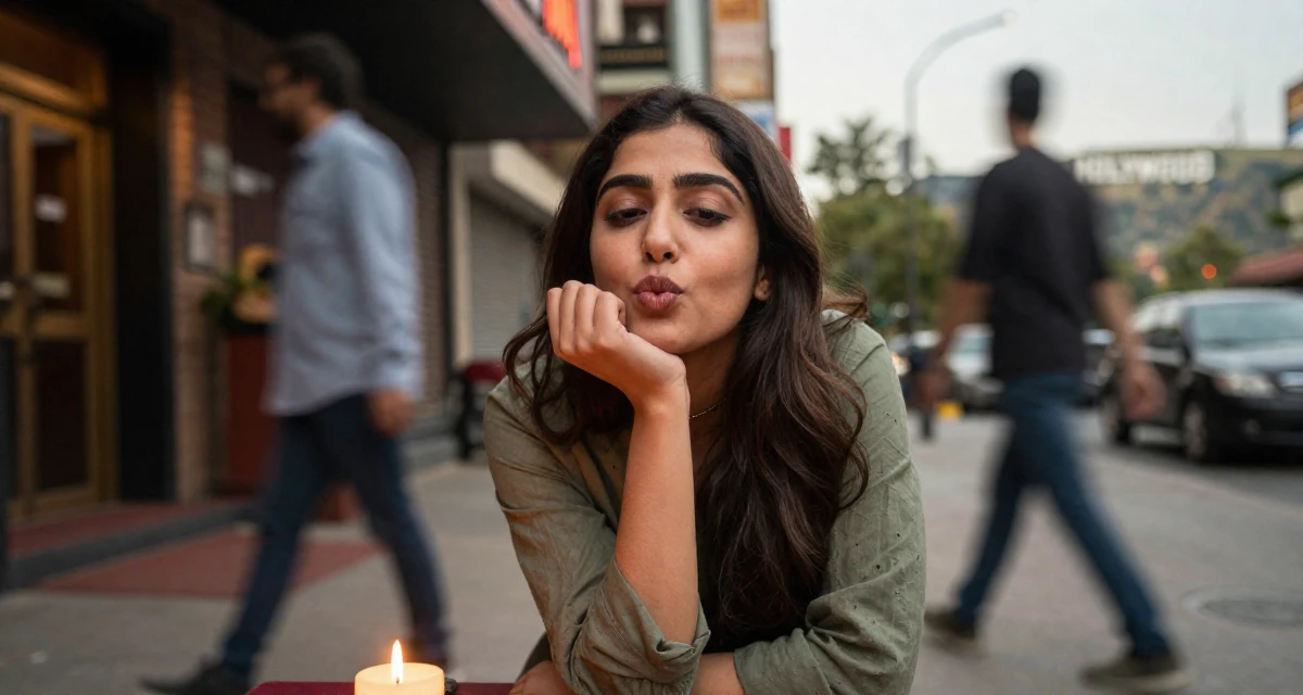 A zen-like Female From Pakistan, majored in mass communication in their 24, exploring unconventional career paths, wearing a muted olive green tones, blowing a kiss in a cinema entrance.