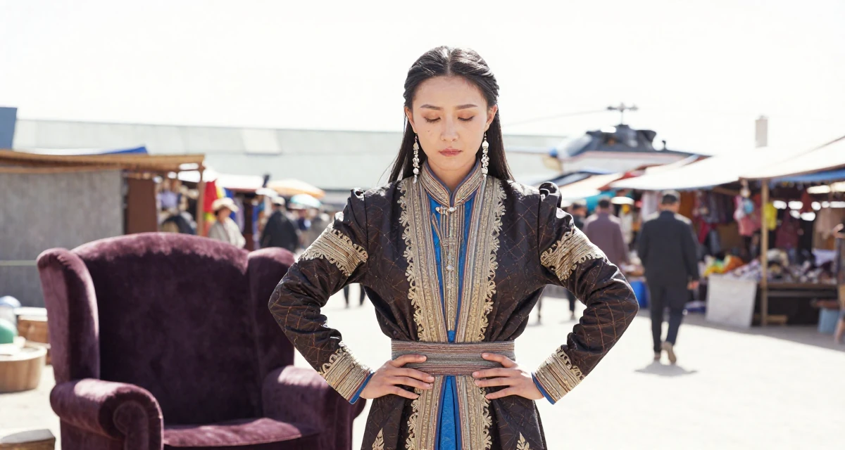 A placid Female From Mongolia, majored in history and culture in their 33, struggling with work-life balance, wearing a high-fantasy sorceress robe with gold embroidery, rubbing hands together for warmth in a bustling market.