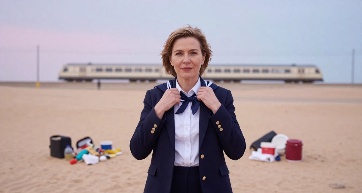A charismatic Female From Prague Czech Republic, explored intimate photography as art in their 40, prioritizing longevity and functional fitness, wearing a school council president uniform with a blazer, adjusting a scarf in a desert landscape.