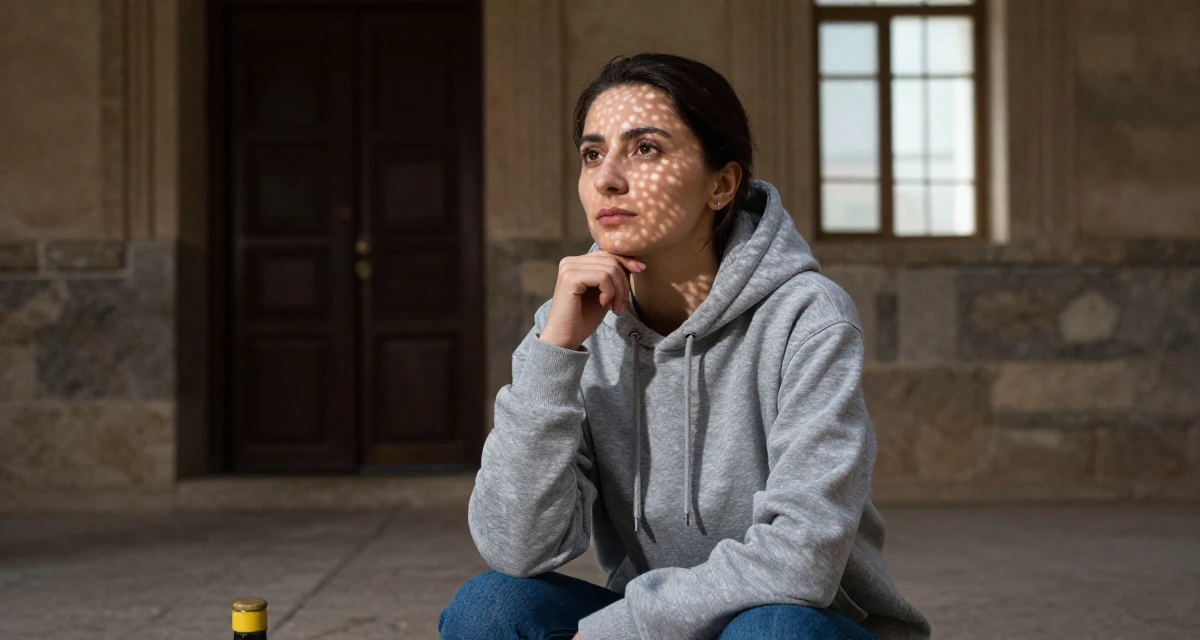 A zen-like Female From Tajikistan, studied civil engineering in their 24, exploring unconventional career paths, wearing a classic grey hoodie and jeans, touching the chin thoughtfully in a cinema entrance.