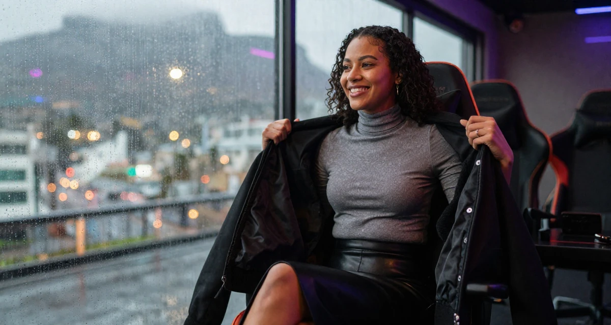 A joyful Female From Cape Town South Africa, learned outdoor modeling and posing in their 29, refusing to settle for mediocrity, wearing a fitted turtleneck and a leather midi skirt, putting on a jacket in a gaming room.