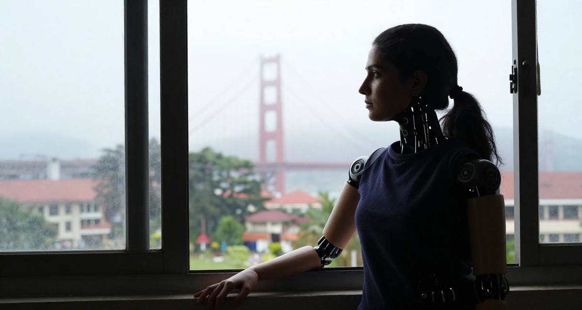 A tired Female From Sri Lanka, based in Kandy, graduated from a regional institute majoring in advertising in their 29, preparing for the transition into the 30s, wearing a cybernetic doll outfit with porcelain-like skin textures, looking out the window in a university campus.