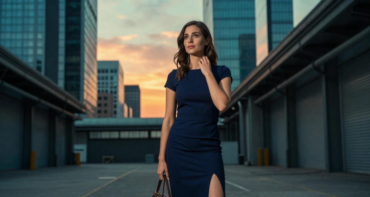A reflective Female From France, has a degree in art history and curating in their 39, recently moved to a new city, wearing a navy blue pencil skirt with a back slit, looking through a bag in a industrial warehouse.