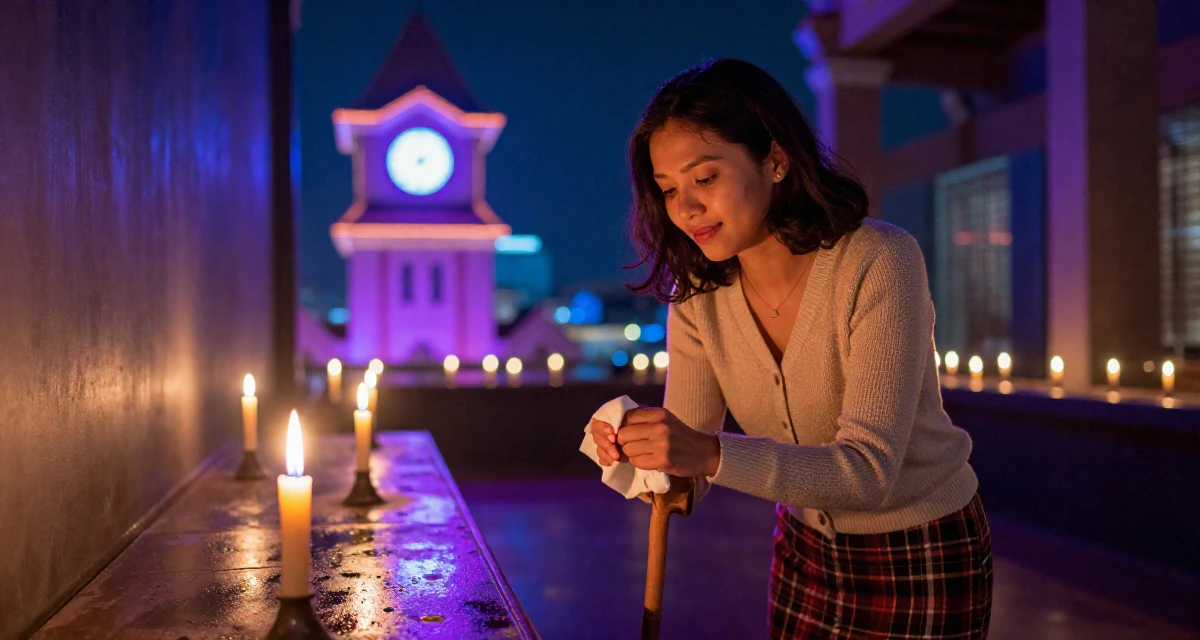 A sympathetic Female From Thailand, majored in tourism in their 34, wearing success like a second skin, wearing a classic librarian style cardigan and a plaid skirt, wiping hands in a museum exhibit.