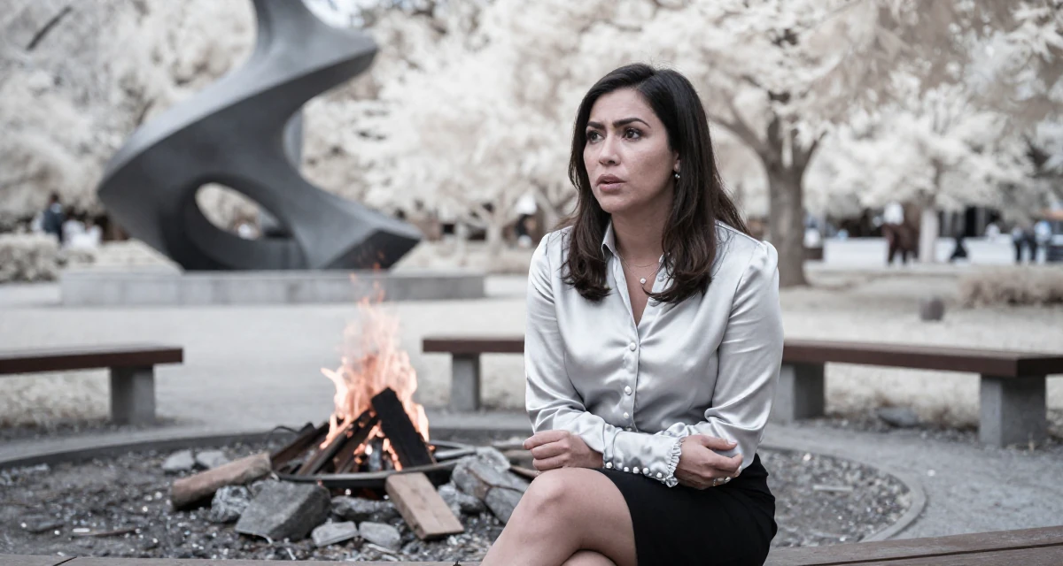 A ambitious Female From the Philippines, majored in mass media in their 42, expert consultant sharing industry secrets, wearing a satin blouse with pearl buttons, adjusting sleeves in a campfire circle.