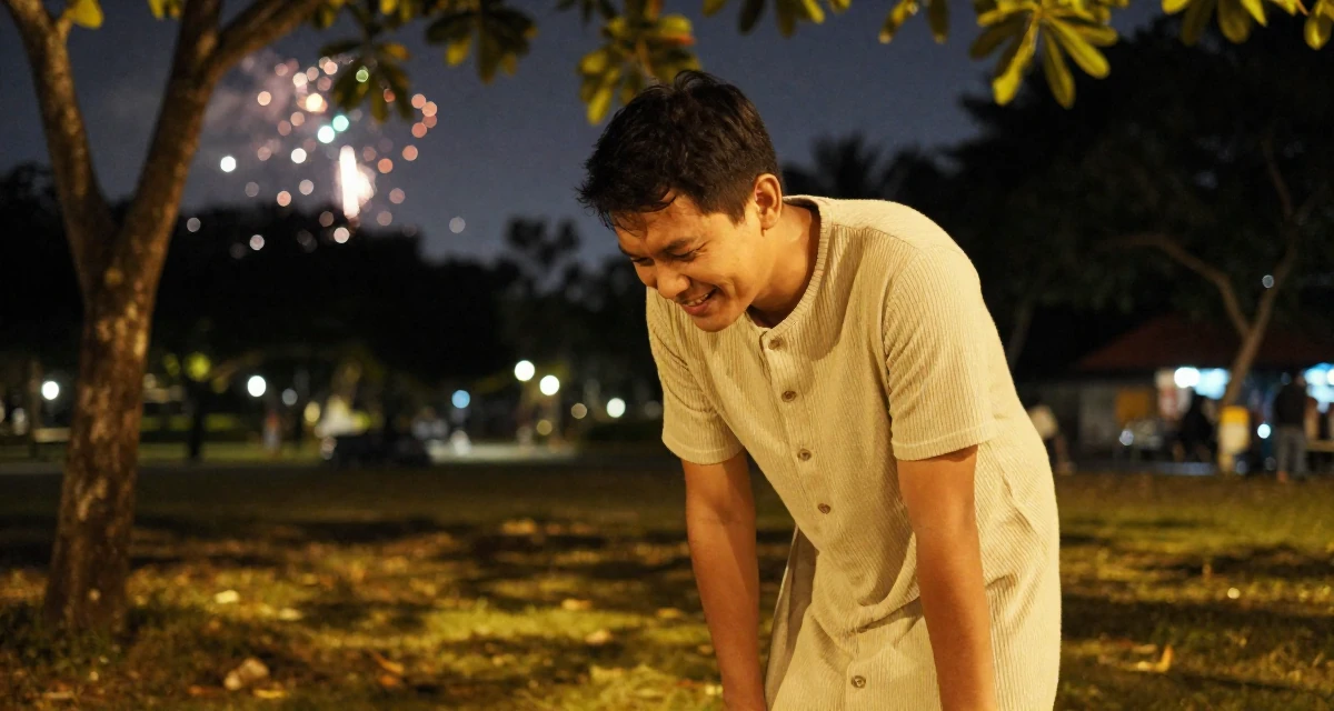 A pensive male From Indonesia, based in Bali, graduated from an arts institute majoring in expressive digital portraits in their 25, handling pressure from family expectations, wearing a ribbed cotton dress with buttons down the front, laughing softly in a quiet park.