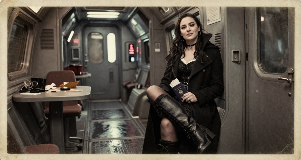 A peaceful Female From Thessaloniki Greece, majored in international economics in their 24, establishing a distinct professional reputation, wearing a gothic vampire hunter outfit with a long coat, holding a passport in a spaceship corridor.