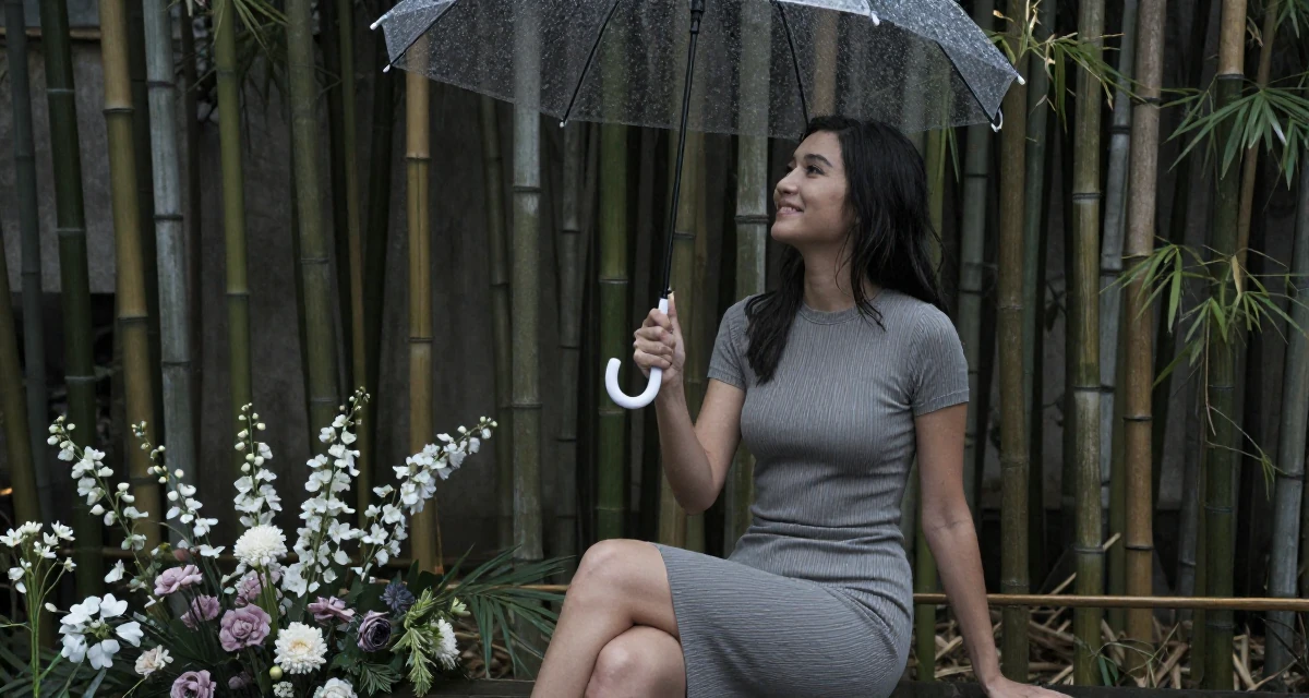 A sweet Female From Vancouver Canada, majored in fine arts in their 22, using sensual energy as empowerment instead of pressure, wearing a fitted ribbed dress, shaking rain off an umbrella in a fashion runway.