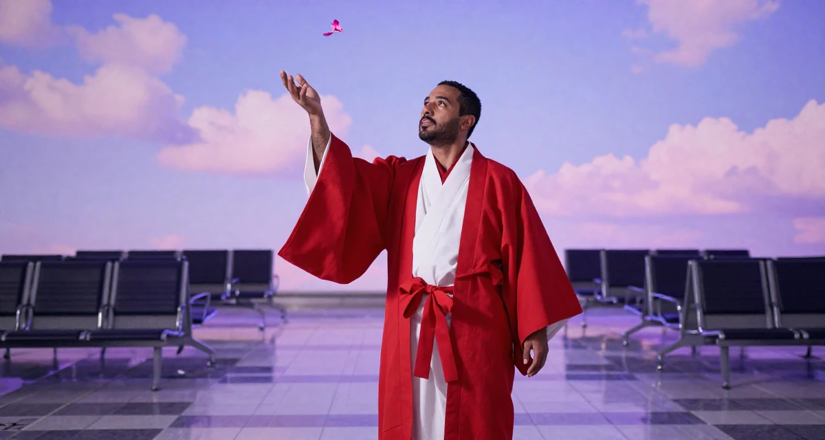 A unbothered male Raised in Morocco, studied international marketing in their 42, expert in holistic health and herbalism, wearing a traditional Japanese miko priestess robe in red and white, catching a falling flower petal in a airport departure lounge.