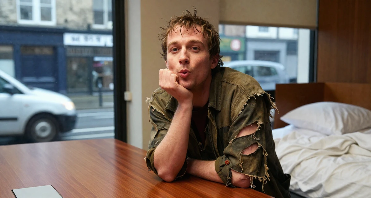 A charming male From UK, has a background in english literature and theatre in their 37, trying to stabilize income, wearing a zombie apocalypse survivor gear with torn clothes, blowing a kiss in a rainy street corner.