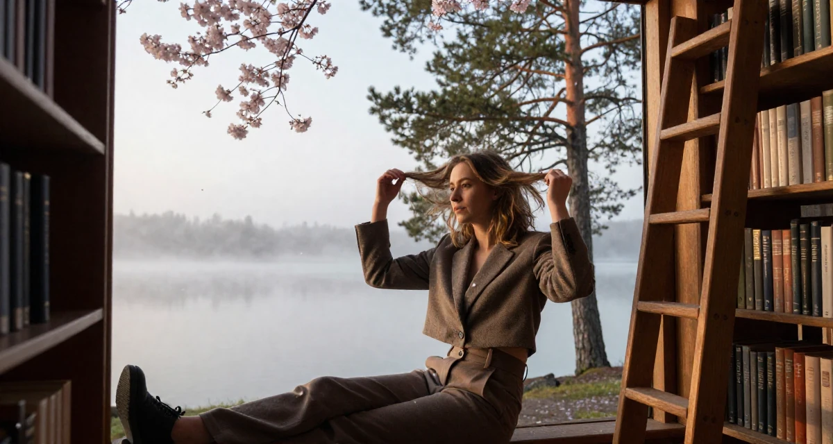 A contemplative Female From Gothenburg Sweden, studied sustainable development in their 25, adjusting expectations for adult life, wearing a cropped blazer and high-waisted trousers set, twirling a lock of hair in a old library with wooden ladders.