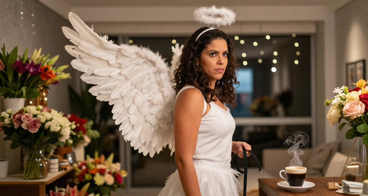 A assertive Female From Brazil, majored in communication in their 49, celebrating a life of resilience and grit, wearing a angel costume with large feathered wings and a halo, holding a leash in a modern apartment.