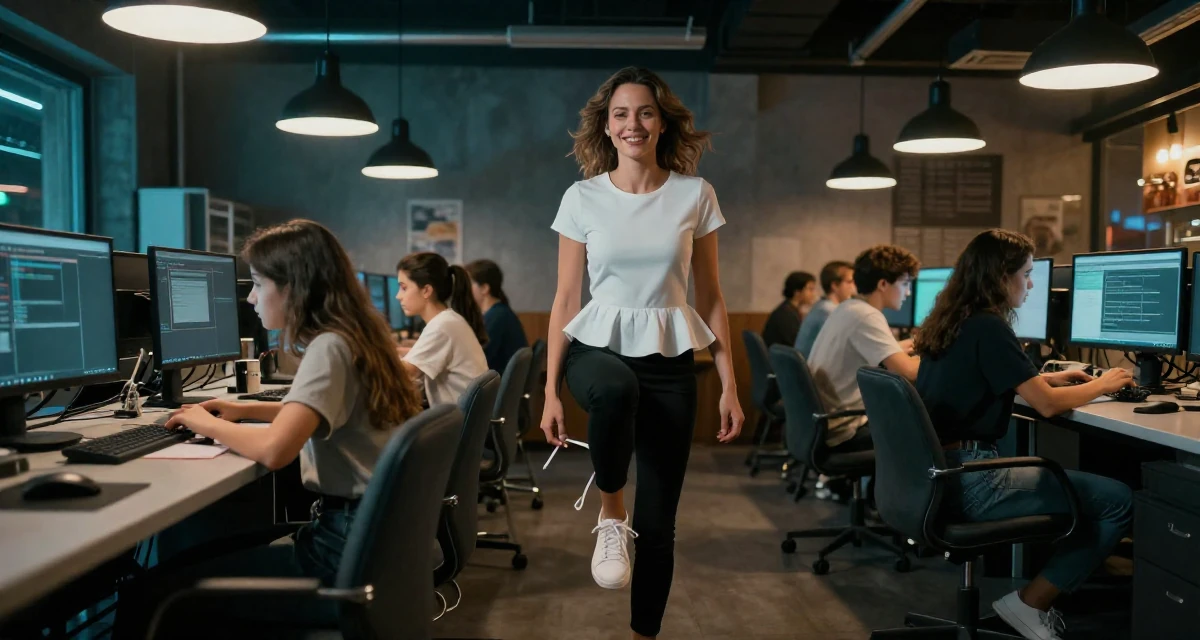 A optimistic Female From Stockholm Sweden, studied minimalist aesthetics and body symmetry in their 46, running a household with teens, wearing a white peplum top and skinny black trousers, tying a shoelace in a cybernetic computer lab.