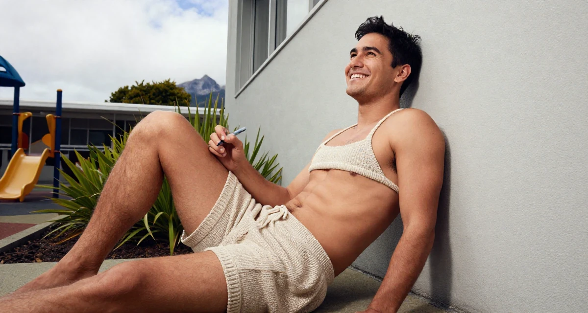 A bright and optimistic male From Wellington New Zealand, studied creative writing and visual narrative in their 33, documenting a weight loss and health journey, wearing a knitted loungewear shorts and a matching tiny top, holding a pen poised to write in a school playground.