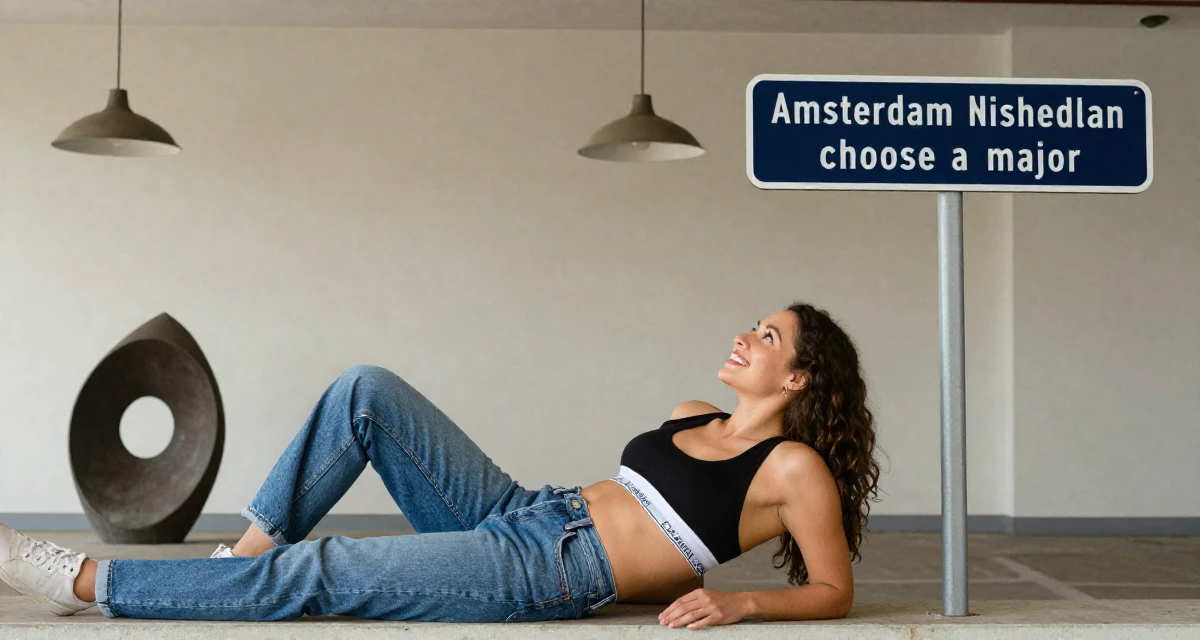 A warm and welcoming Female From Amsterdam Netherlands, explored art-nude expression in creative collectives in their 25, dealing with pressure to choose a major, wearing a classic calvin klein style sports bra and jeans, looking at a street sign in a abandoned hospital.