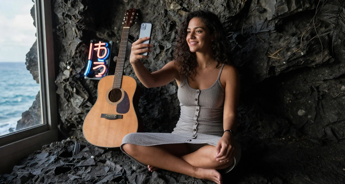 A radiant Female From Mauritius, studied digital marketing in their 21, feeling lonely despite being constantly online, wearing a fitted midi skirt with buttons down the front, posing for a selfie in a rocky ocean cliff.