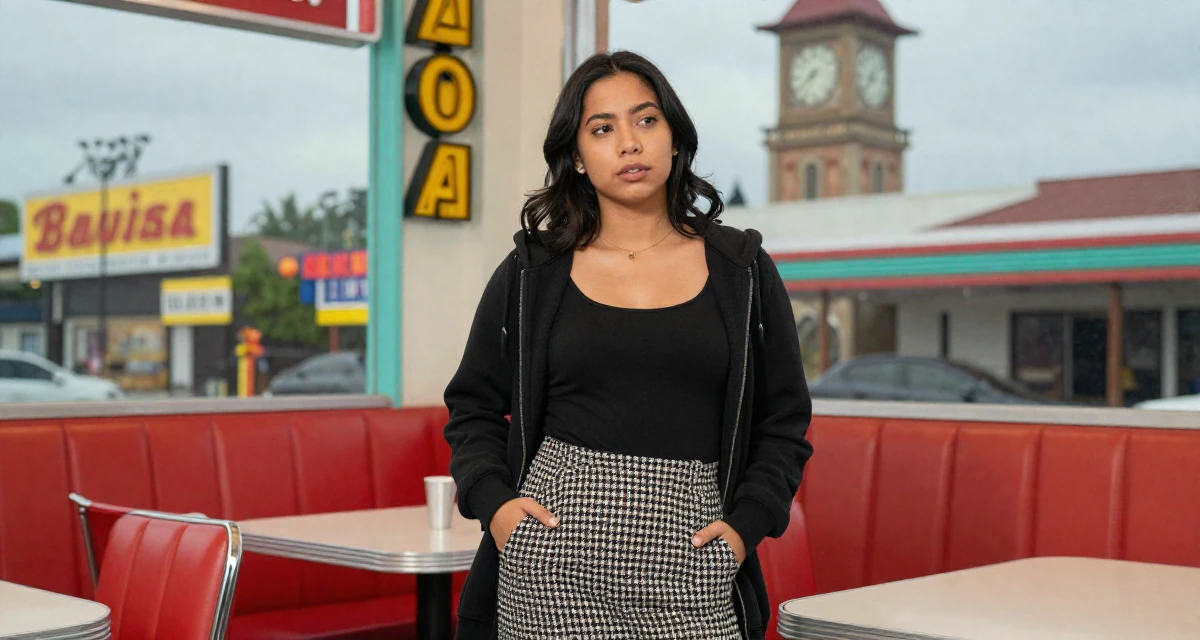 A hypnotic Female From the Philippines, based in Davao, graduated from a communication program majoring in fan engagement dynamics in their 25, rethinking long-term career trajectory, wearing a houndstooth pattern skirt and black top, zipping up a hoodie in a retro 50s diner.