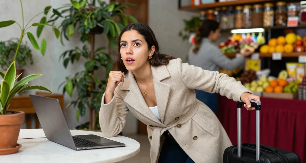 A commanding Female From Mexico City Mexico, learned expressive movement through Latin dance in their 24, mastering the art of work-life separation, wearing a elegant woolen coat styling, pulling a suitcase in a home interior.