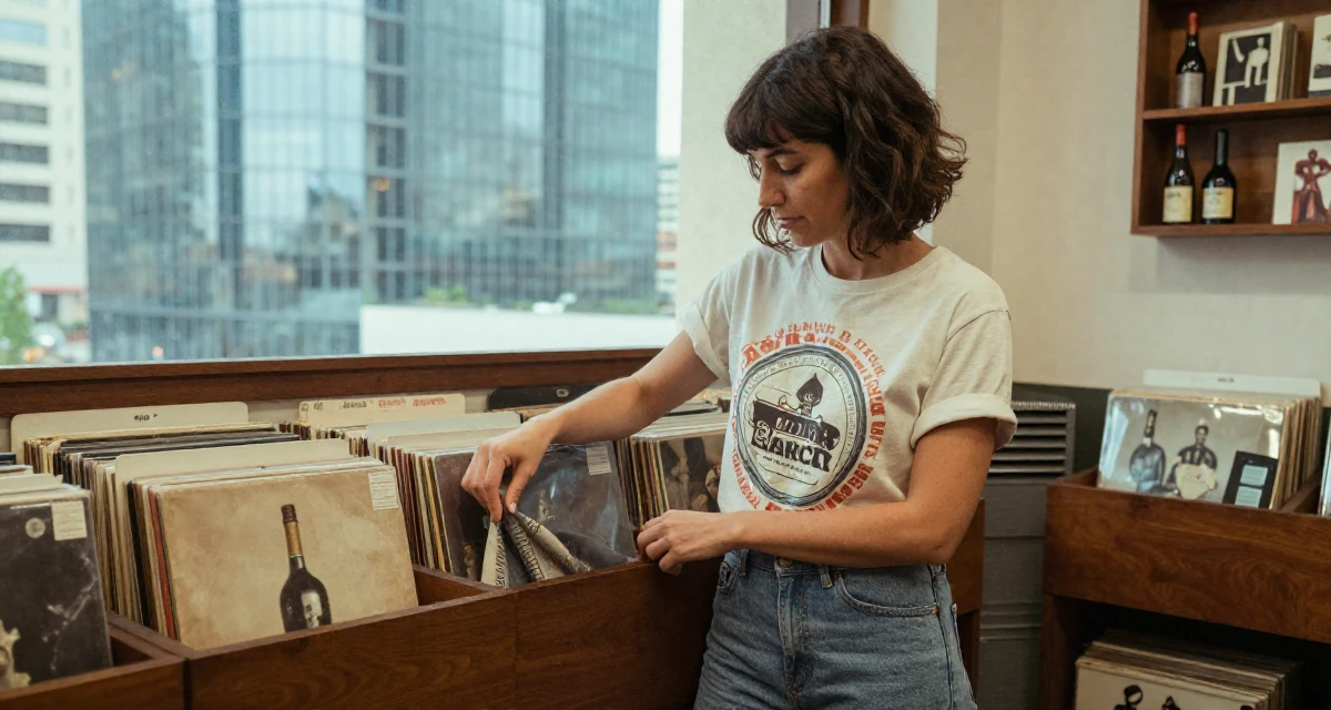 A zen-like Female From Spain, based in Valencia, graduated from a communication institute majoring in digital storytelling in their 45, expert in vintage wine and culinary arts, wearing a laid-back graphic tee and jeans, smoothing out clothes in a vintage record store.