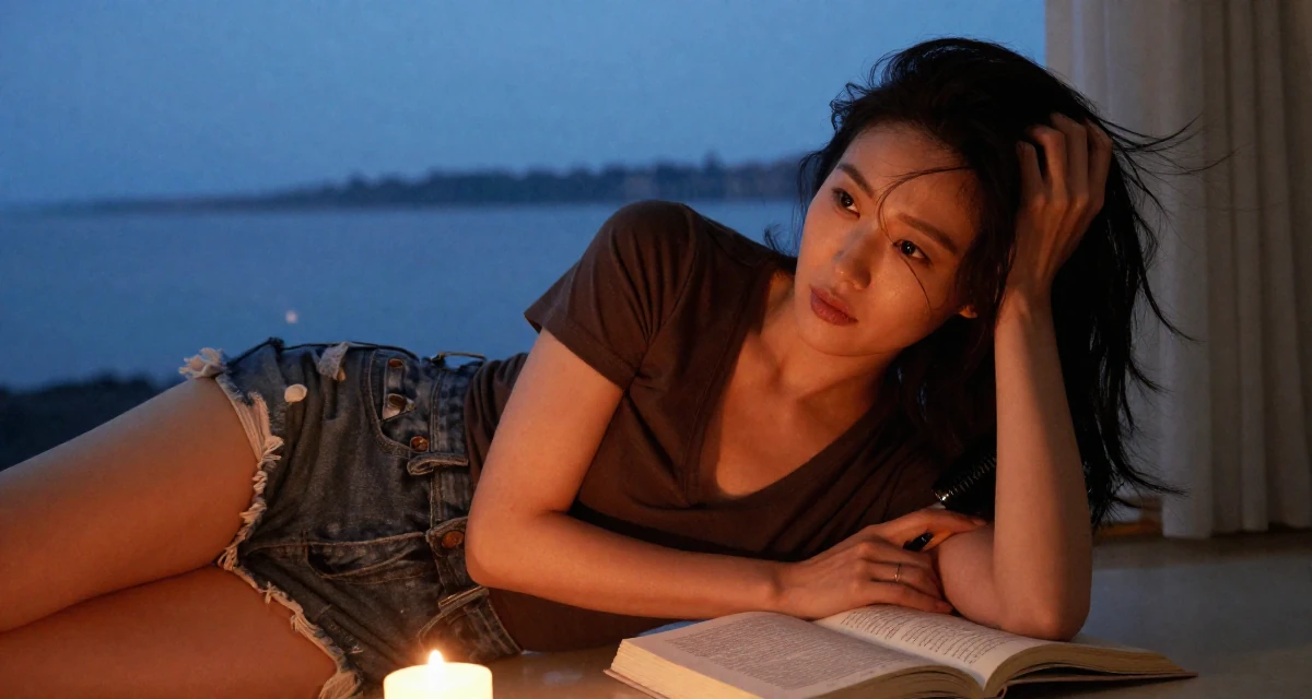 A mischievous Female From South Korea, based in Jeju, graduated from a fashion school majoring in body language aesthetics in their 55, exploring digital entrepreneurship, wearing a deep v-neck t-shirt and distressed denim shorts, brushing hair away from the face in a home interior.