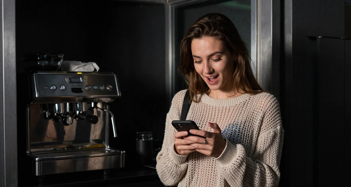 A playful and energetic Female Born in Ukraine, majored in creative communication in their 21, trying to act professional at a first internship, wearing a loose open-knit sweater showing skin underneath, texting with both thumbs in a cinema entrance.