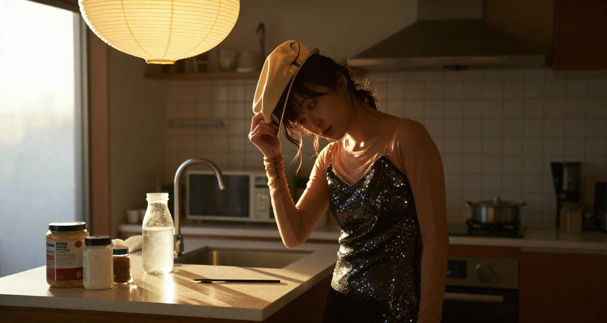 A moody Female From Japan, studied nutrition and food science in their 22, determined to prove their worth quickly, wearing a ice skater sparkly dress with sheer sleeves, holding a hat in a sunlit kitchen island.