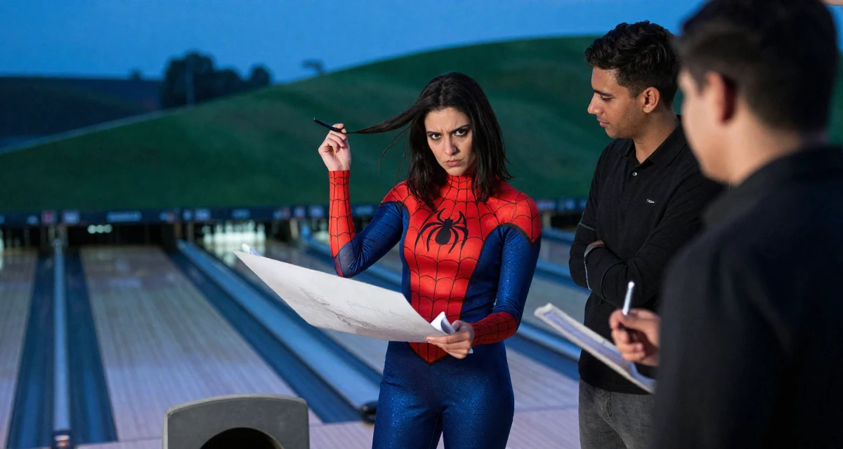 A defiant Female Raised in the UAE, studied consumer behavior analytics in their 32, mentoring younger colleagues, wearing a spider-themed villainess suit, holding a pen in a bowling alley.