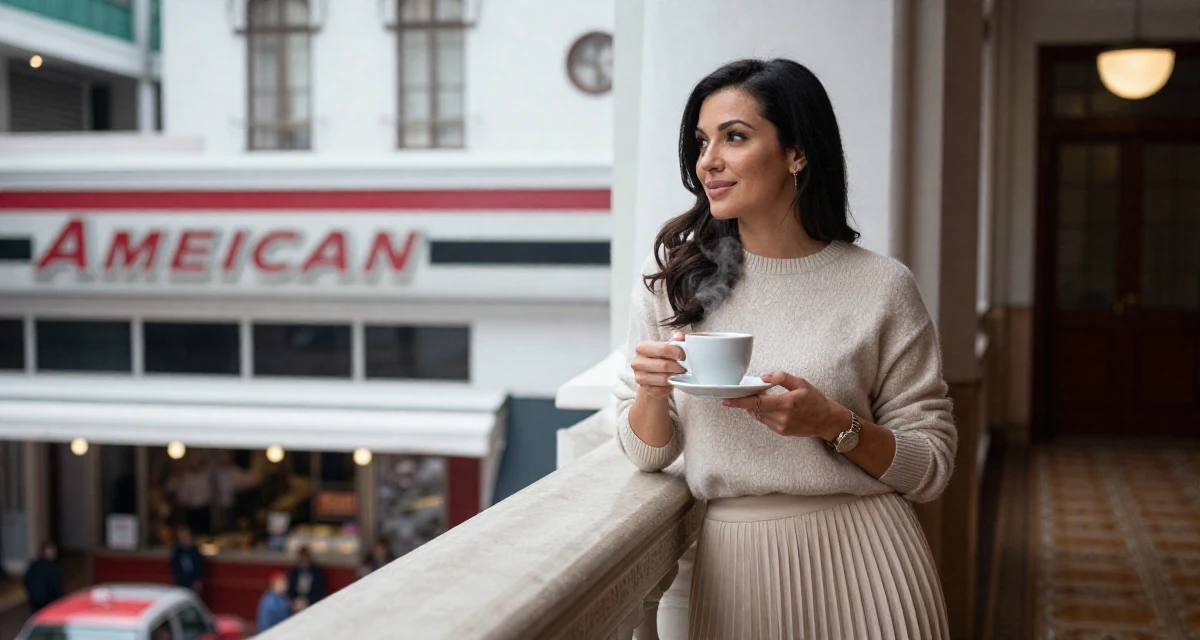 A bewitching Female From Hong Kong, holds a business administration degree in their 40, embracing natural beauty and self-acceptance, wearing a soft cashmere sweater and a pleated midi skirt, holding a cup of coffee in a opera house balcony.