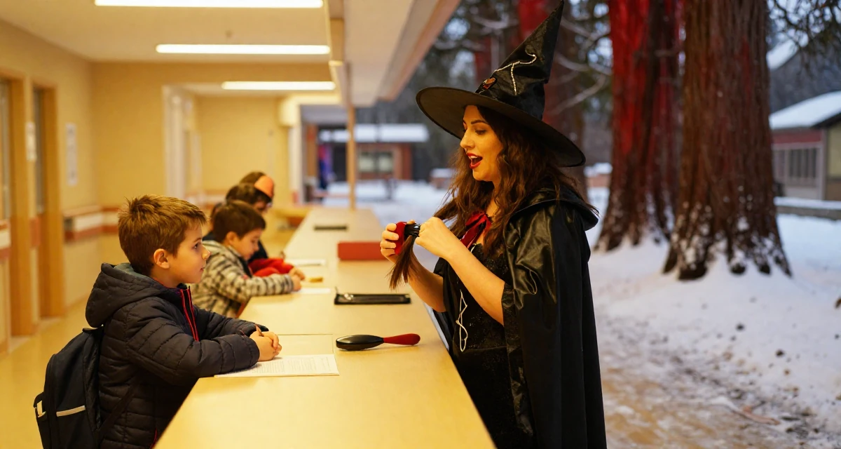 A vibrant Female From Italy, based in Bologna, graduated from a local university majoring in media production in their 45, helping kids through school, wearing a classic witch costume with a wide-brimmed hat, brushing hair back in a hospital corridor.