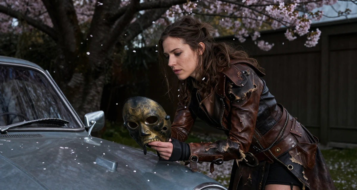 A relaxed Female Born in New Zealand, studied creative media production in their 24, curating a specific high-end lifestyle, wearing a post-apocalyptic scavenger outfit with distressed leather, holding a mask (cosplay/prop) in a backyard garden.