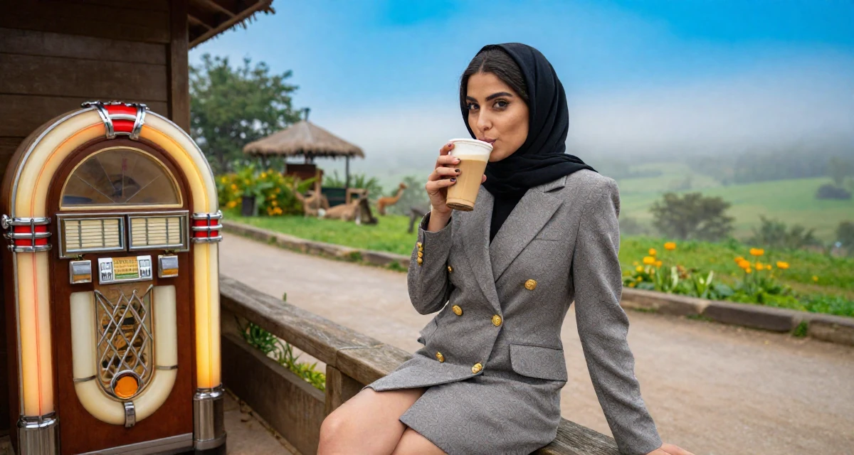 A amused Female From Arabic-speaking world, majored in health administration in their 22, adapting to the shift from school to full-time work, wearing a double-breasted blazer dress with gold buttons, sipping a latte in a zoo pathway.