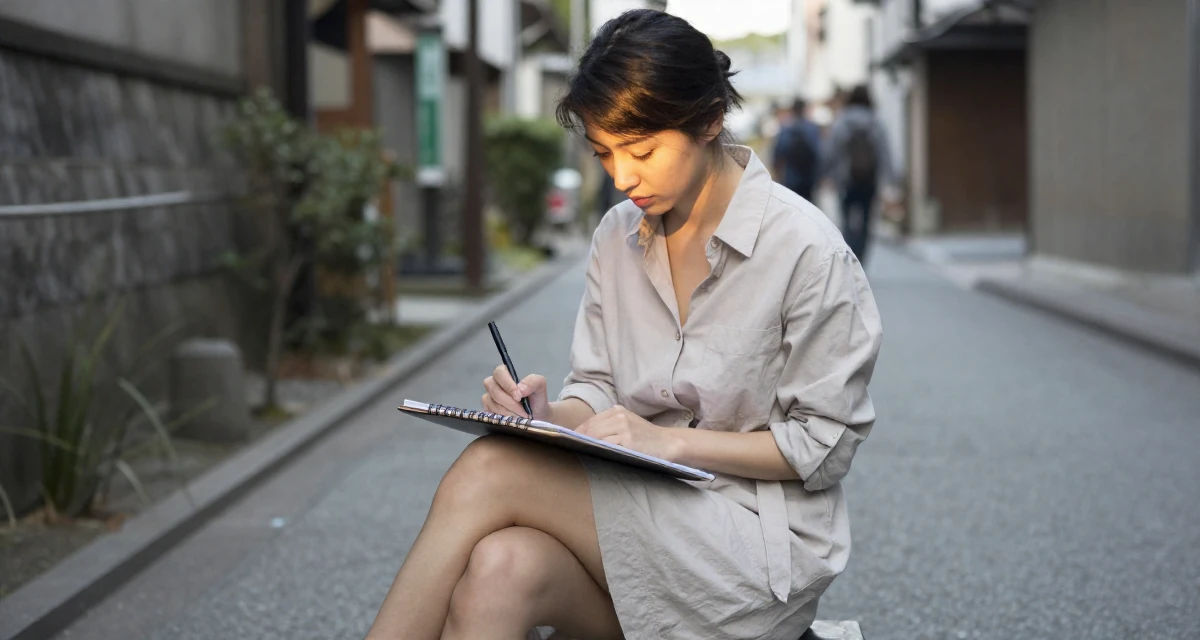 A reserved Female From Kyoto Japan, practiced artistic nude photography as self-expression in their 25, treating sensual creativity as a serious artistic craft, wearing a belted shirt dress with rolled sleeves, sketching on a pad in a zoo pathway.