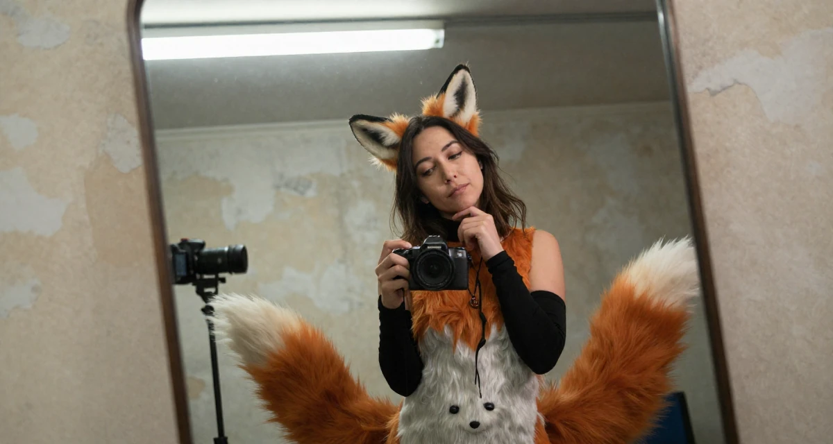 A lazy Female From Auckland New Zealand, studied animation in their 35, sharing the journey of learning a new language, wearing a fox spirit (kitsune) outfit with fluffy ears and tails, touching a necklace in a photo studio.