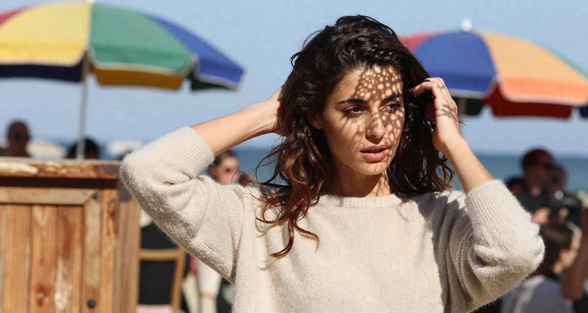 A engrossed Female From Croatia, based in Rijeka, graduated from a communication institute majoring in sensual scene composition in their 32, advocating for work-life boundaries, wearing a soft cashmere sweater worn with nothing visible underneath, brushing hair back in a fashion runway.