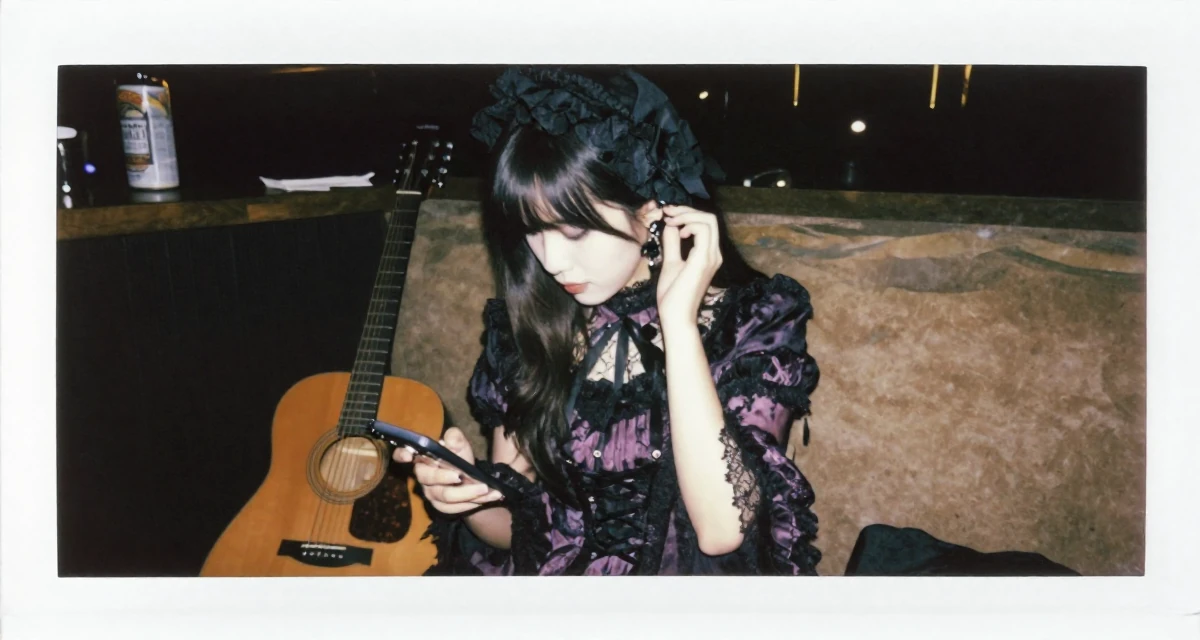 A cool and collected Female From New Zealand, majored in landscape architecture in their 21, struggling to disconnect from social media, wearing a elaborate gothic lolita dress with frills and lace, putting on earrings in a dimly lit jazz bar.