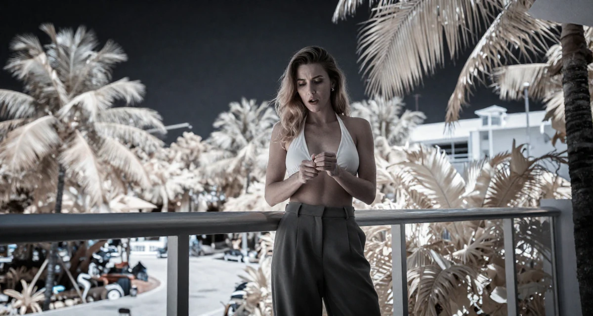 A awestruck Female From Miami USA, studied body aesthetics and bikini competition prep in their 48, reviewing luxury travel destinations, wearing a halter neck top and wide-leg office trousers, cracking knuckles in a luxury penthouse balcony.