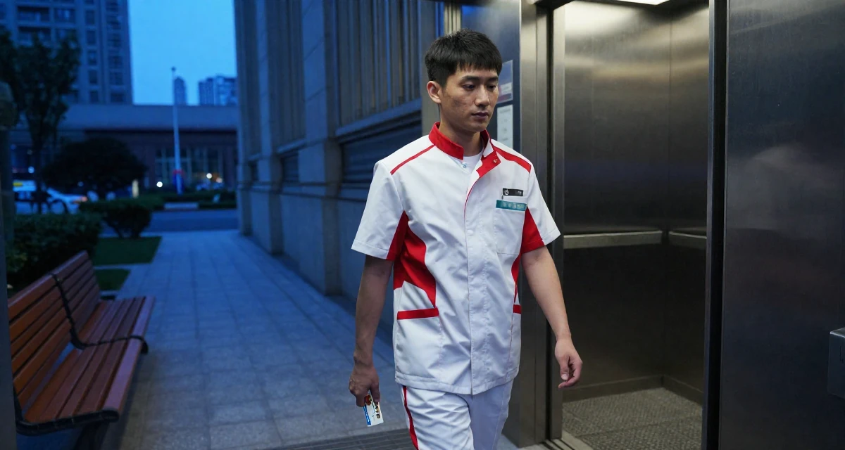 A melancholic yet beautiful male From Wuhan China, learned social media branding through indie projects in their 24, walking briskly with purpose and focus, wearing a futuristic medic uniform with white and red details, holding a subway card in a elevator hall.