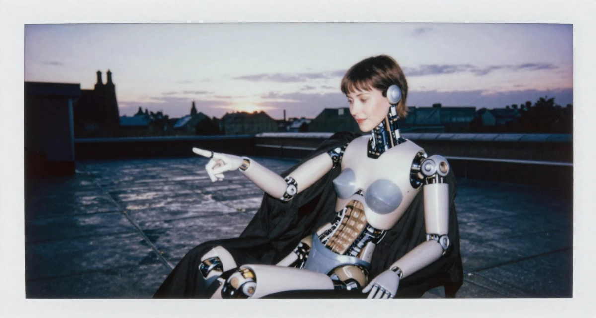 A peaceful Female From UK, studied law at a prestigious university in their 33, struggling with work-life balance, wearing a cybernetic doll outfit with porcelain-like skin textures, pointing at something nearby in a rooftop terrace at sunset.
